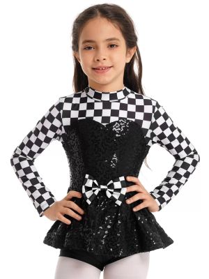 Kids Girls Racer Costume Sequin Checkerboard Printed Bodysuit front image