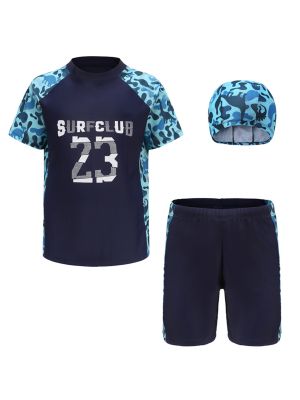 Kids Boys 3pcs Short Sleeve Tops Trunks with Hat Swimsuit Set front image