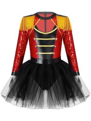 Kids Girls Long Sleeve Sequin Magician Circus Tutu Leotard Dress front image