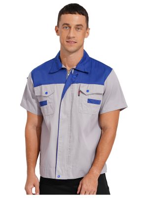 Men Color Block Short Sleeve Shirt Workers Uniform Mechanic Costume front image
