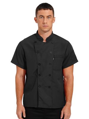Men Short Sleeve Stand Collar Chef Coat Cook Uniform Shirt front image
