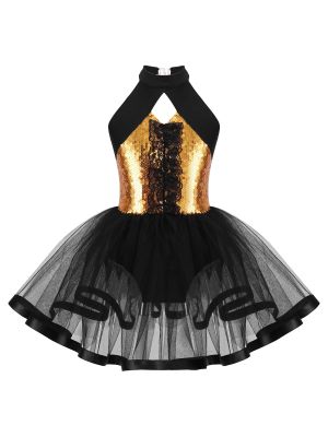 Kids Girls Sleeveless Sequins Ruffle Ballet Dance Leotard Tutu Dress front image