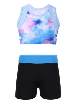 Kids Girls 2pcs Sleeveless Tie-Dye Crop Top with Shorts Sports Set front image