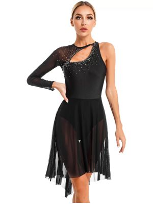 Women Glitter Rhinestone Cutout Leotard Lyrical Contemporary Dance Dress front image