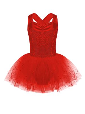 Kids Girls Sleeveless V Neck Sequins Crisscross Ballet Dance Dress front image