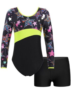 Kids Girls Long Sleeve Printed Leotard with Shorts Sports Sets front image