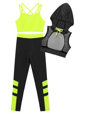 Kids Girls 3Pcs Camisole Mesh Hooded Crop Top and Pants Sport Sets front image
