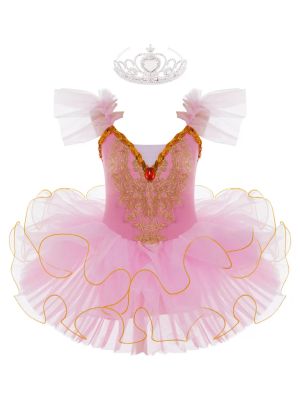 Kids Girls Ruffle Flutter Sleeve Sequin Ballet Dance Tutu Dress front image