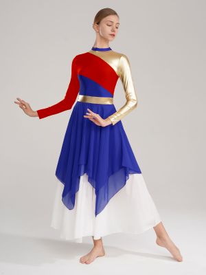 Women Color Block Long Sleeve High Low Praise Dance Dress(no white underdress) front image