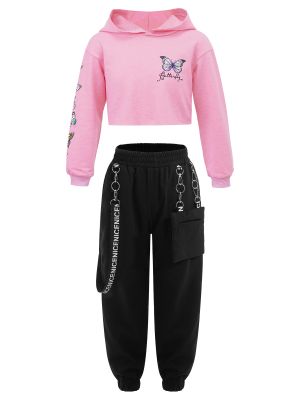 Kids Girls 2pcs Butterfly Printed Cropped Hoodies and Pants Sets front image