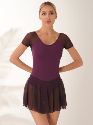 Women Short Sleeve Ruffled Skirted Leotard Dress for Ballet Gymnastics front image