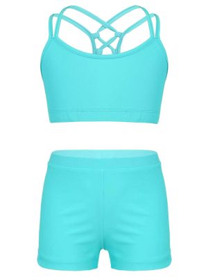 Kids Girls Two Pieces Sleeveless Crop Top and Shorts Swimsuit Set front image