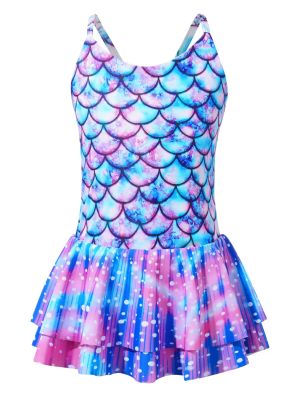 Kids Girls One-piece Mermaid Fish Scales Print Swimsuit Dress front image