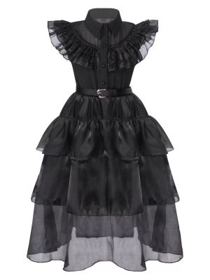 Kids Girls Wednesday Addams Black Flounce Mesh Dress for Holloween front image
