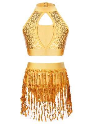 Kids Girls 2pcs Sequin and Tassel Jazz Dance Cop Top and Shorts Set front image