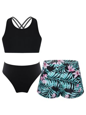 Kids Girls Sleeveless Solid Tankini and Print Shorts Swimsuit Set front image