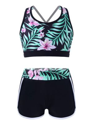 Kids Girls Two Pieces U Neck Crop Top with Boyshorts Swimming Set front image