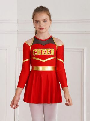 Kids Girls Long Sleeve Letter Print Cold Shoulder Cheerleading Dress front image