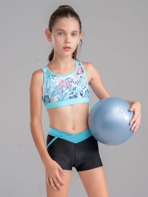 Kids Girls 2pcs Sleeveless U Neck Crop Top and Shorts Sports Set front image