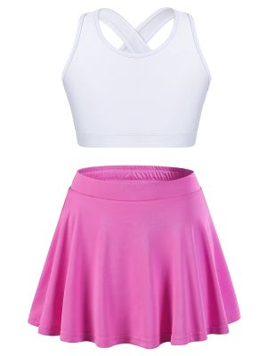 Kids Girls 2pcs Sleeveless Crop Top with Pleated Skort Skirt Tennis Set front image