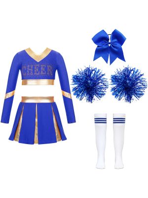Kids Girls Long Sleeve Crop Top with Pleated Skirt Cheerleading Sets front image