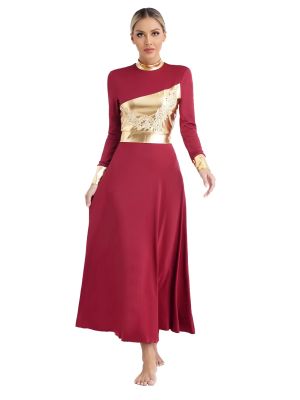 Women Metallic Long Sleeve Liturgical Praise Dance Midi Dress front image