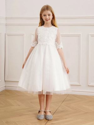 Kids Girls Embroidery Half Sleeve Ball Gown Tulle Flower Girl Dress front image