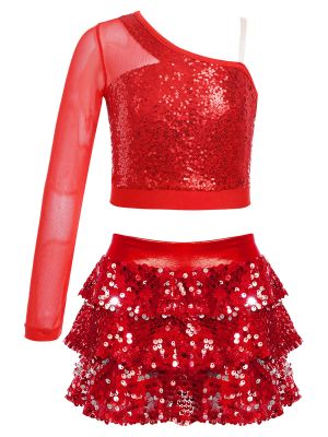 Kids Girls 2pcs Sequins One Shoulder Crop Top and Skirt Jazz Dance Set front image