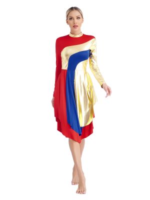 Women Long Sleeve Colorblock Liturgical Worship Dance Dresses front image