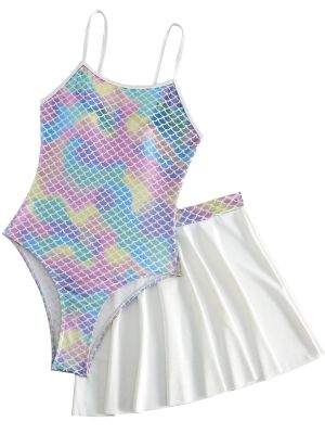 Women 2pcs Mermaid Swimsuit Fish Scale Swim Bodysuit with Skirt Set front image