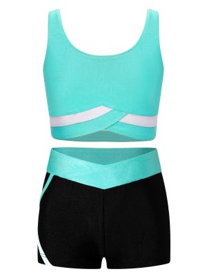 Kids Girls 2pcs Sleeveless Vest Top with Shorts Sports Set for Gymnastics Yoga front image