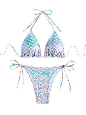 Women 2pcs Fish Scale Print Mermaid Bikini Swimsuit Set front image