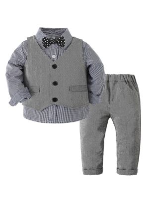 Toddler Boys 4pcs Long Sleeve Striped Shirt and Long Pants Formal Suit front image