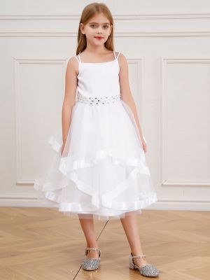 Kids Girl Straps Tiered Tulle Communion Dress with Rhinestone Belt front image