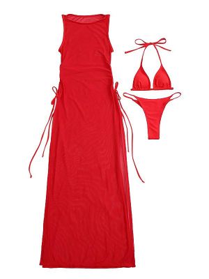 Women 3pcs Bikini Swimsuit Set with Mesh Side Slit Cover Up Dress front image