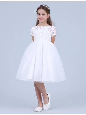 Kids Girls Lace and Mesh White Princess Party Dresses front image
