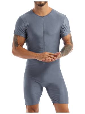 Men Short Sleeve Front Zipper Soft Boxer Briefs Gymnastic Leotard front image