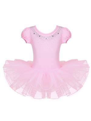 Toddler Girls Short Sleeves Rhinestones Ballet Dance Tutu Dress front image