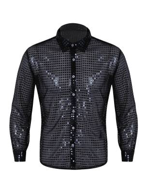 Men Shiny Sequins See Through Mesh Long Sleeve Latin Dance Shirt front image