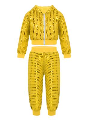 Kids Boys Girls Sequins Long Sleeve Hooded with Pants Hip-hop Jazz Dance Set front image