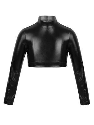 Kids Girls Long Sleeves Mock Neck Glossy Metallic Dance Crop Top front image