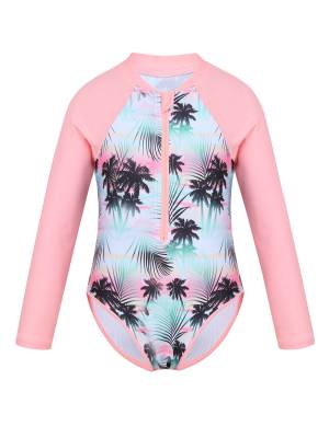 Kids Girls One-piece Long Sleeves Floral Printed Rash Guard Swimsuit front image