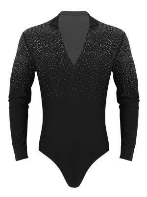 Men Shiny Rhinestones V-neck Long Sleeve Latin Dance Shirt Leotard front image