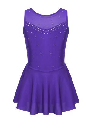 Kids Girls Sleeveless Sparkly Rhinestone Tulle Skating Leotard Dress front image