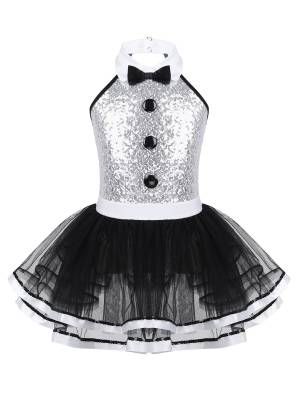 Kids Girls Sleeveless Sequins Ballet Dance Leotard Mesh Tutu Dress front image