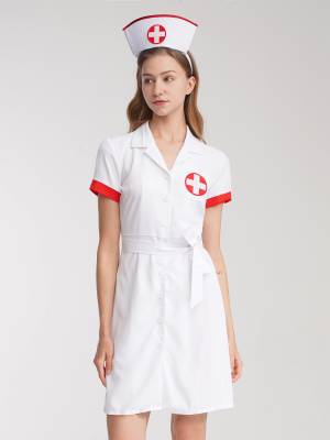 Women Lapel Collar Short Sleeve Dress Nurse Fancy Dress Costume Outfit front image