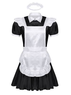 Men Puff Sleeve Dress with Apron and Headband Sissy Maid Cosplay Costumes front image