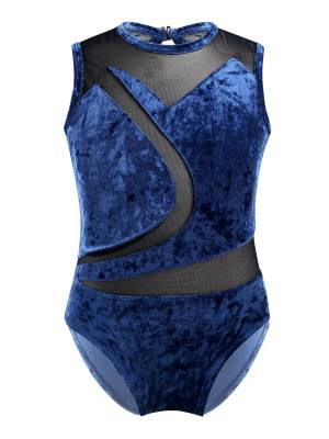 Kids Girls Sleeveless Pleuche Mesh Ballet Dance Leotard front image