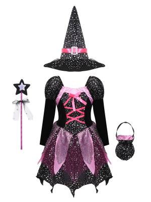 Kids Girls Halloween Long Sleeve Stars Dress with Hat Bag Witch Costume front image