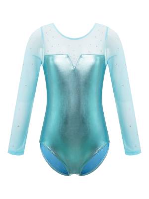 Kids Girls Long Sleeve Rhinestone Decor Metallic Gymnastics Leotard front image